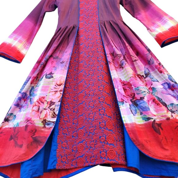 Long Sleeve Dress Floral Red Blue Embroidered Patchwork Kameez Size S NWOT - Picture 4 of 16